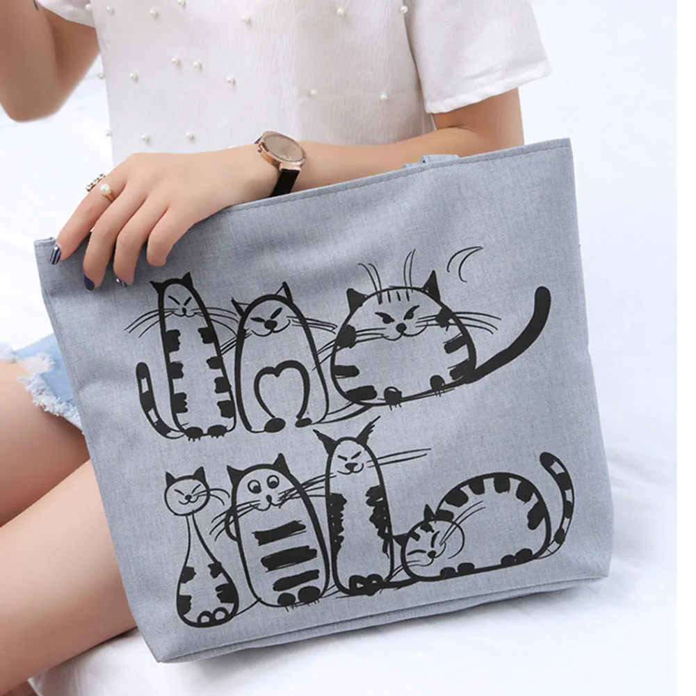 

Women Cute Cartoon Cat Print Canvas Shoulder Bag Zipper Casual Tote Shopping Handbag New