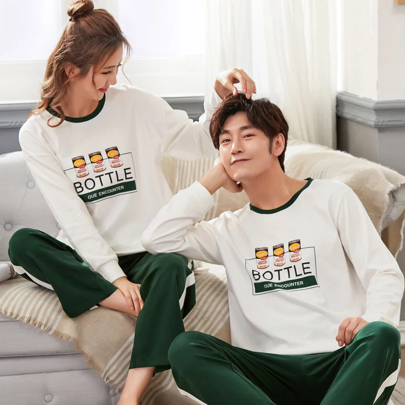 

Matching Couple Pajama Set Cotton Pijamas White Top+Pant Sleepwear His-and-her Home Suit Pyjama For Lover Man Woman Lovers' Clot