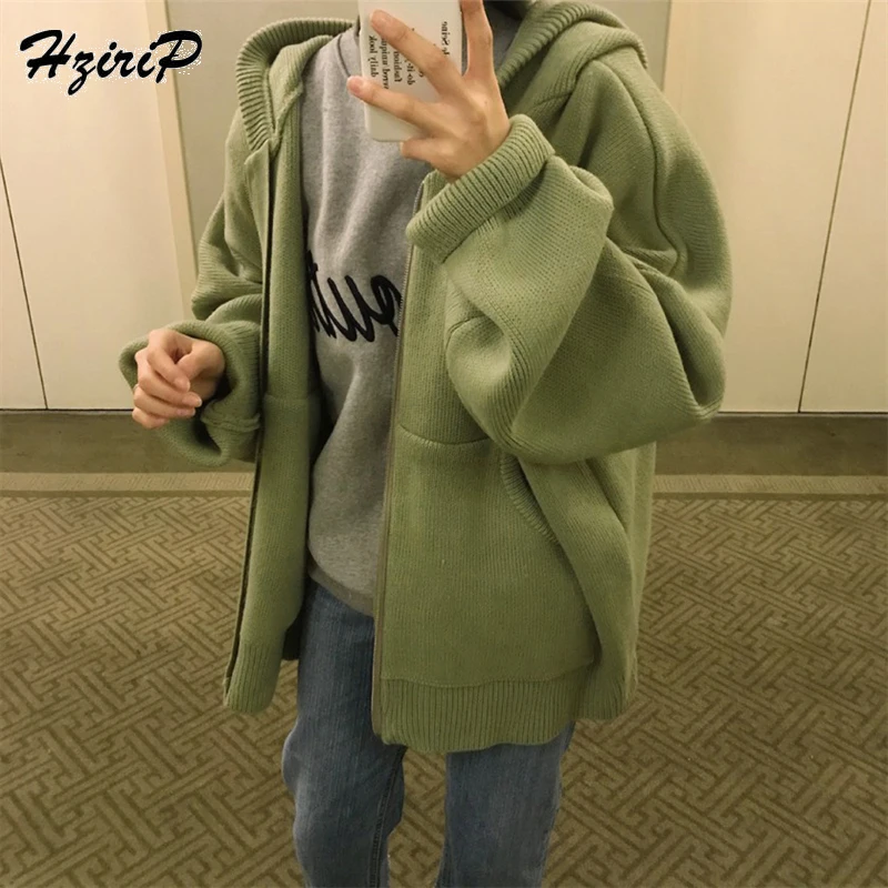 Tanie HziriP jesienno zimowa damska z dzianiny z kapturem trwały płaszcz kurtka luźna płaszcz ocieplany kobieta płaszcz na co dzień ciepłe kurtki 4 kolory