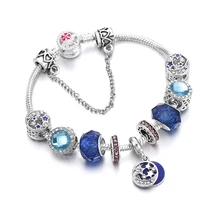 Винтажные Серебристые браслеты с подвесками для женщин Модный розовый цветок из голубых кристаллов защелкивающийся браслет из бусин, сделай сам и браслет Femme ювелирные изделия