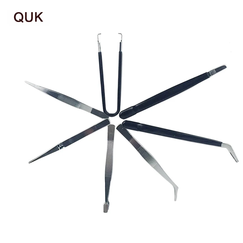 QUK Tweezers Set 7PCS Stainless Steel Industrial Anti-static Repair Mobile Phone Clock Watches Elbow Electronic Pliers Hand Tool1
