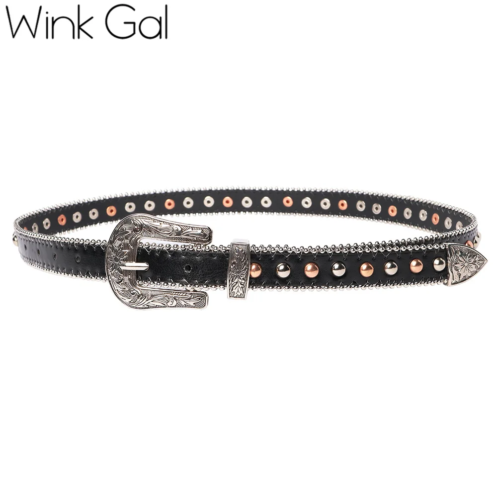 

Wink Gal 2018 Fashion Black Belt Pin Buckle Dot Rivet Clothes accessories High quality Strap Female Waist Band W12135A