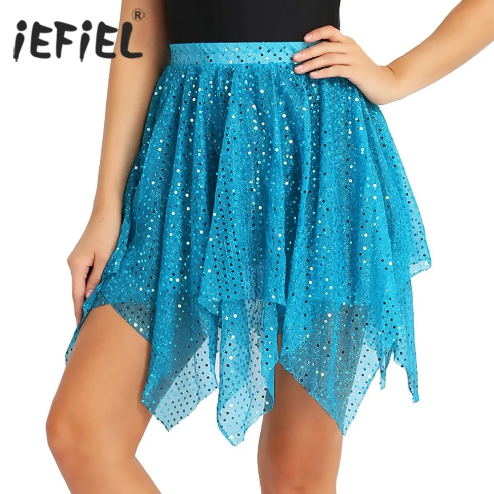 iEFiEL Womens Glitter Sequin Asymmetric Layered Tulle Party Latin Dance Ballet Skirt