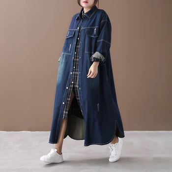 

[EWQ] 2020 Spring New Pattern Full Sleeve Washed Frayed A-line Solid Long Length Lapel Collar Denim Coat Fashion Tide AF893