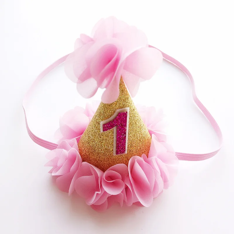 

Pink/Gold Baby 1st Birthday Headband Chiffon flower Glitter Headbands 1st Birthday Party Decoration Hat Girl Hair Accessories