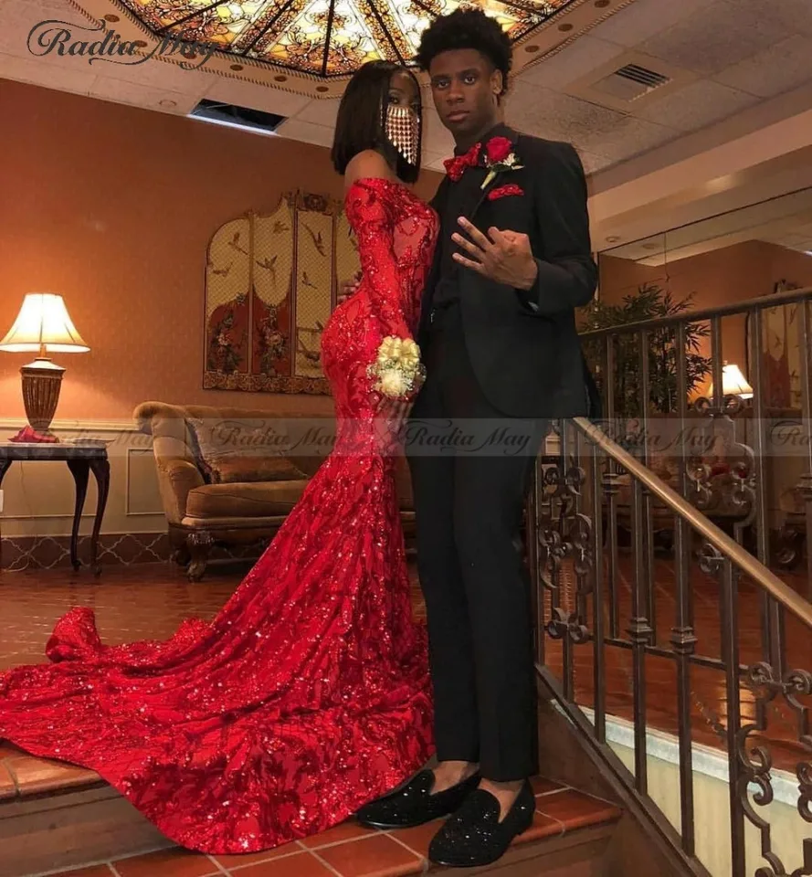 red off the shoulder mermaid prom dress