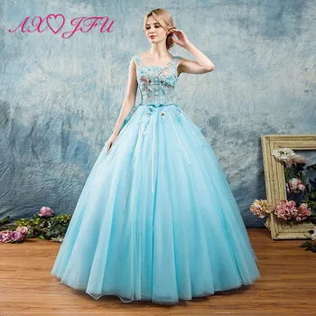 

AXJFU blue lace Evening dresses fashions blue flower princess evening dresses graduation stage blue lace evening dresses