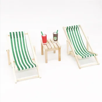 

1pcs 1:12 miniature Stripe Foldable Wood Beach Chair Recliner Sunbathing Chair Chaise Lounge Chair Dollhouse Furniture for dolls