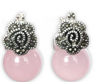 

hot sell new - wb001 AA Nature 12mm Pink Jade Beads Silver Flower Shape Earrings Hot