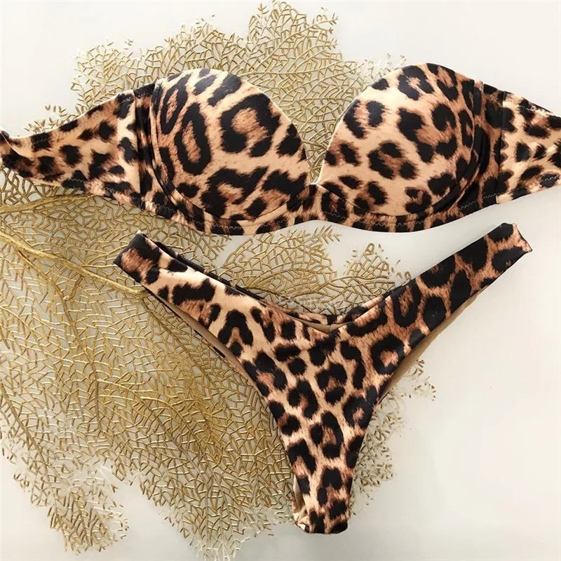 Трендовая Женская одежда, сексуальный полиэфирный повседневный комплект бикини, бюстгальтер с мягкими чашечками, Складывающийся бандо, купальник, пляжный купальник, купальный костюм - Цвет: leopard print