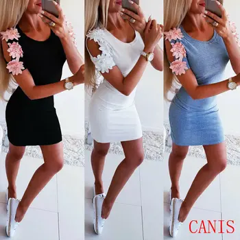 

2019 Women Solid Cold Shoulder O Neck Dress Embroidery Bodycon Crew Neck Short Mini Dress