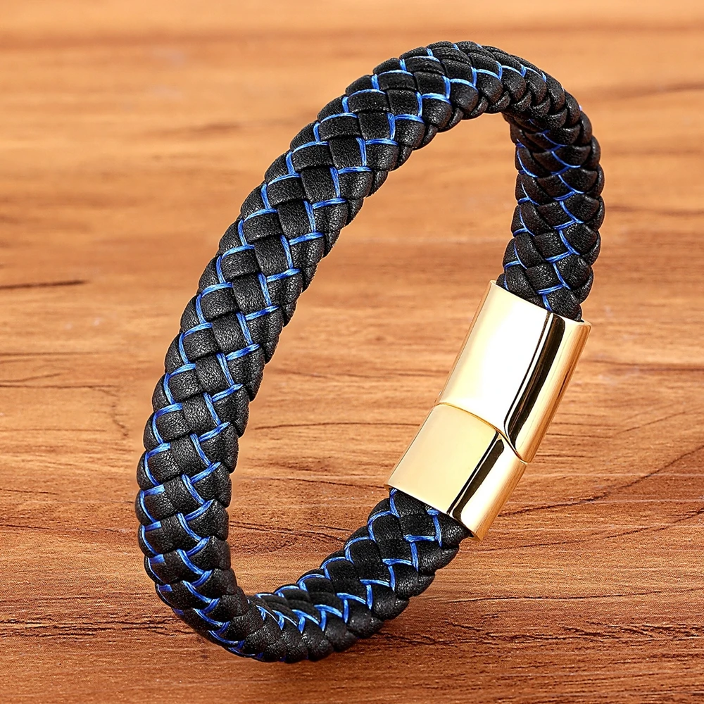 New Men Jewelry Punk Black Blue Braided Leather Bracelet for Men Stainless Steel Magnetic Clasp Fashion Bangles Gifts 6 Colors