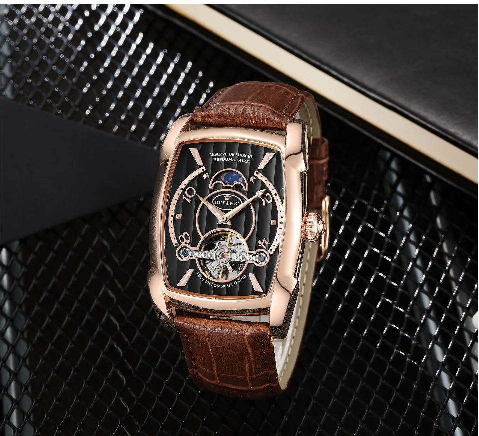 Роскошные OYW модные автоматические мужские механические часы Tourbillon деловые часы Tonneau Форма кожаные Наручные часы Relojes Hombre