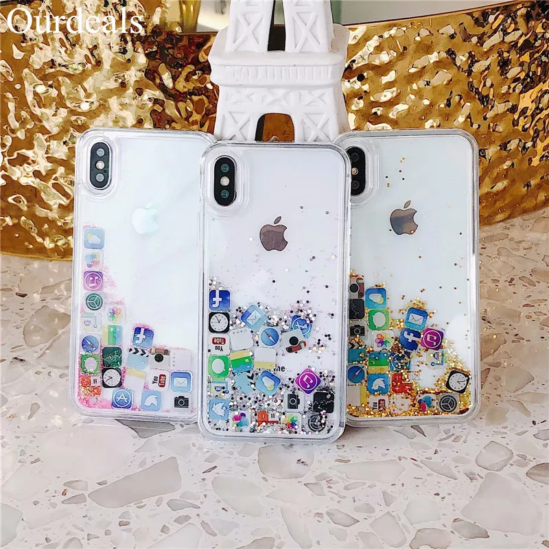 

Ourdeals Fun Glittering Sand Phone Case For iphone XS MAX XR For iphone 8 7 6 6s plus X Stylish Liquid Application Icon Funda