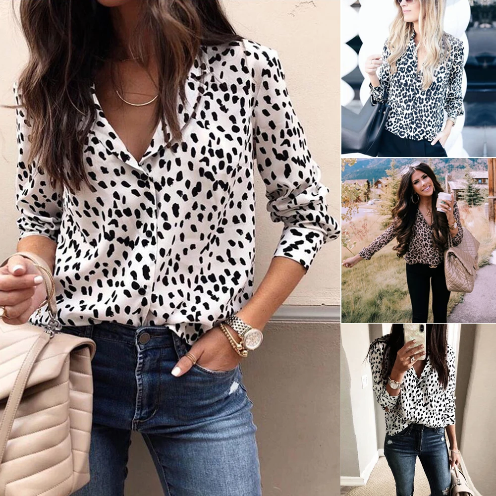 Модная женская леопардовая блузка с длинным рукавом, рубашка с v-образным вырезом, женские вечерние топы OL, женская уличная блуза, элегантные блузки размера плюс