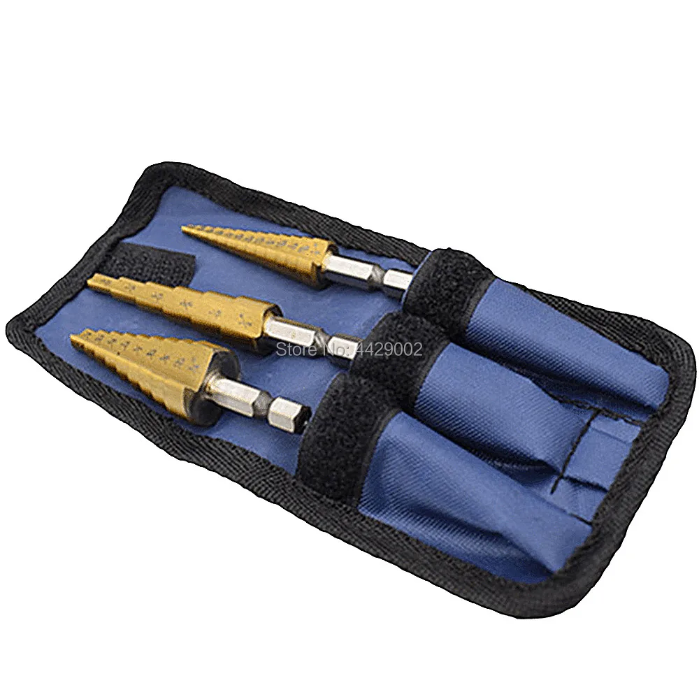 

3 Piece High Speed Titanium Coated Steel Large Step Drill Bit Set Hole Cutter 3/16"-1/2'' 1/8"-1/2'' 1/4"-3/4'' + Storage Pouch