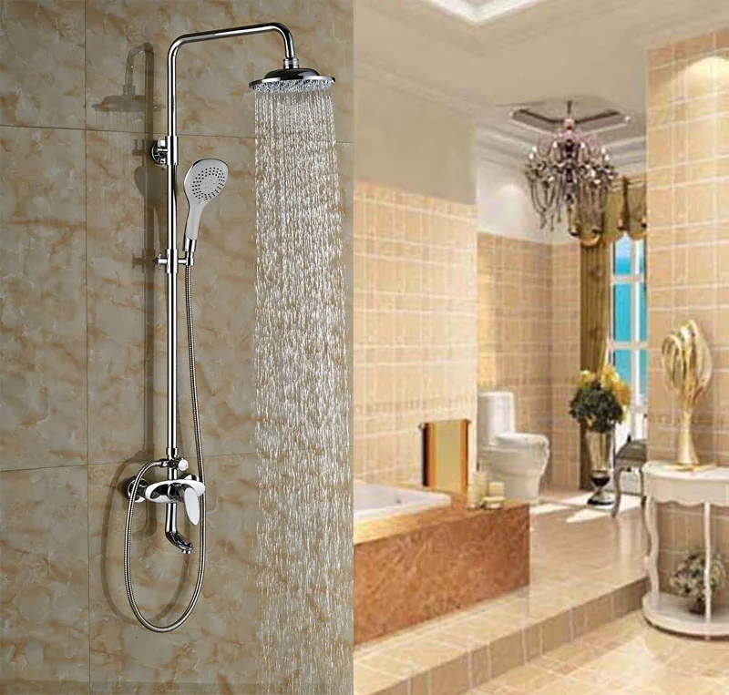 

Single Lever With Hand Shower Chrome Polished Bathroom 8-in Rainfall Shower Set Faucet Wall Mounted