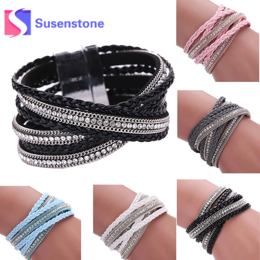 Женский Мужской богемный Многослойный кожаный браслет с перекрестной оплеткой модный вязаный кожаный браслет ручной работы с магнитной застежкой