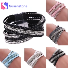 Женский Мужской богемный Многослойный кожаный браслет с перекрестной оплеткой модный вязаный кожаный браслет ручной работы с магнитной застежкой