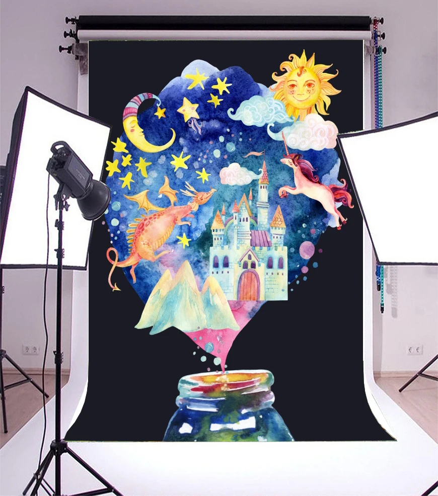 Laeacco Unicorn Dragon Moon Starry Night Castle In Bottle Photography Backgrounds Vinyl Custom Backdrops Props For Photo Studio
