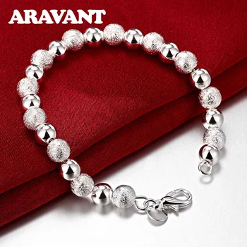 

925 Silver Smooth Scrub 8MM Beads Chain Bracelets For Women Fashion Jewelry