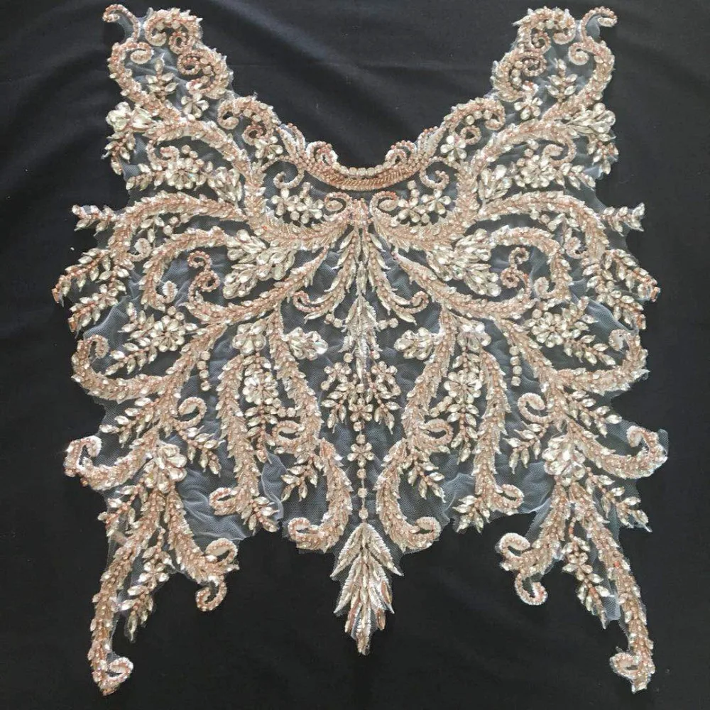 1 pc Deluxe 3D Luxury Bridal Gown Bodice Rhinestone Applique in Rose Gold, Silver Gold, Wedding Gown Couture Dress Motif Lace