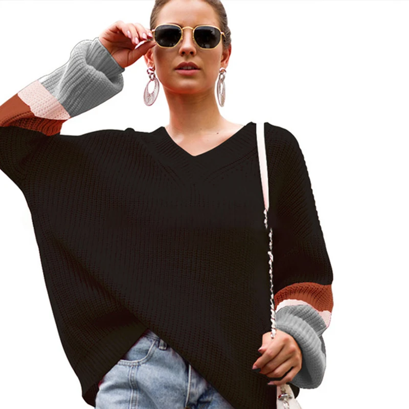 

2019 Winter Clothes Women Sweater V Leader Mouth Color Matching Sweater Women's Shirt Sueters De Mujer Moda Long Sleeve Sweater