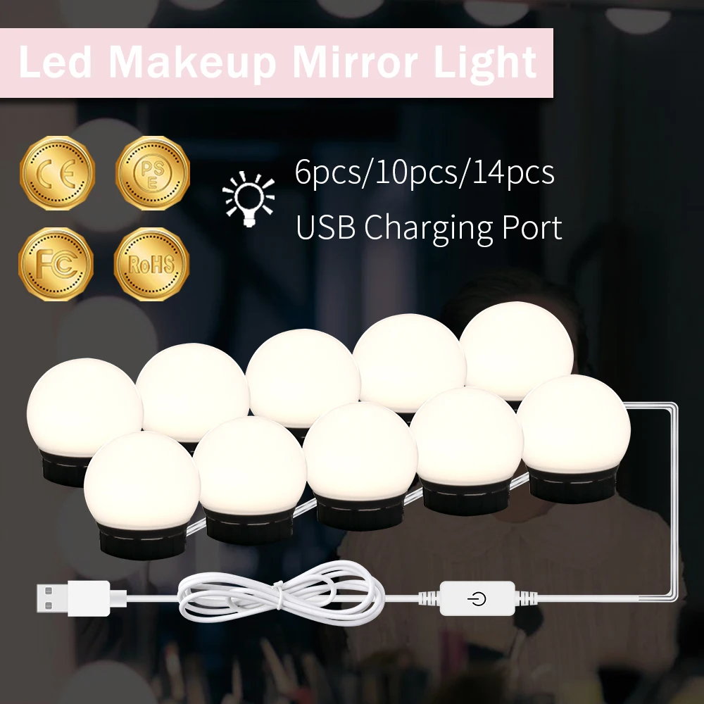 

Makeup Mirror Vanity Table LED Light 10 14 Bulbs Kit USB 12V Hollywood Cosmetic Lighting Led Make Up Mirror Bulb Dimmable Lights