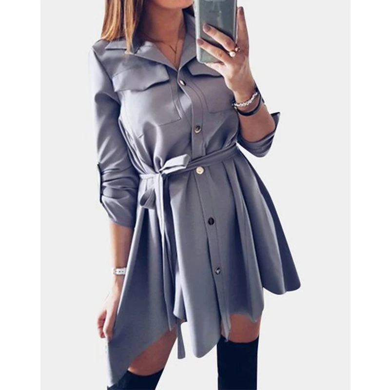 Soild Turn-Down Button Loose Mini Dresses Women Half Sleeves Casual Dress Female Sashes Asymmetrical Shirt Dress Summer New Soild Turn-Down Button Loose Mini Dresses Women Half Sleeves Casual Dress Female Sashes Asymmetrical Shirt Dress Summer New