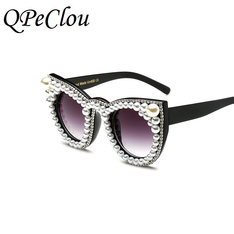 QPeClou Luxury Pearls Diamond Cat Eye Sunglasses Women Brand Crystal