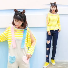 Принцесса Милая футболка Лолита желтая и белая полосатая в форме сердца полые без бретелек свободные хлопковые футболки с длинными рукавами VC98