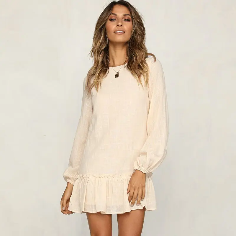 S-XL женщин Круглая горловина Длинные рукава мини-платье Осень-весна повседневные