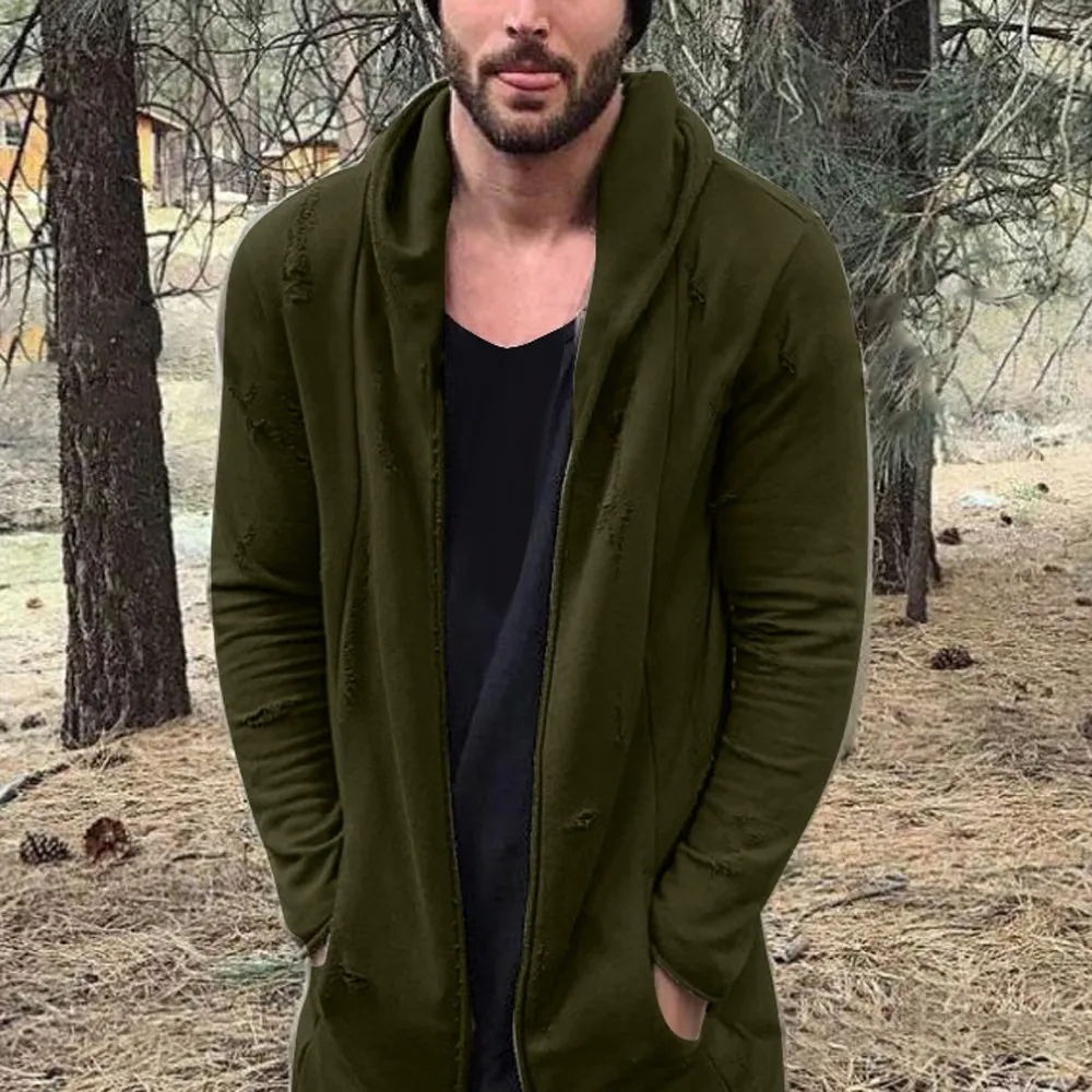 

2019 New Fashion Men Hole Hooded Solid Trench Coat Jacket Cardigan Long Sleeve Outwear Blouse Hot Sell Sweatshirt