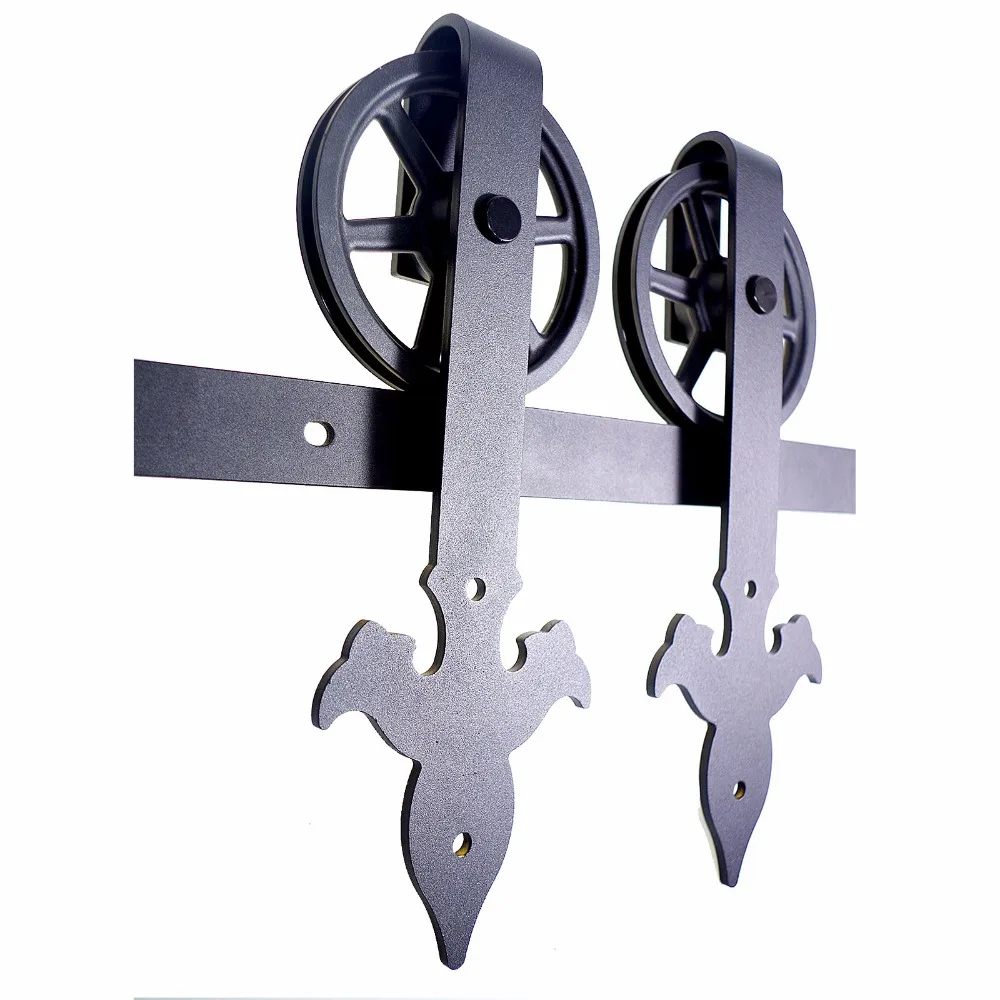 LWZH Sliding Barn Door Hardware Kit Black Steel Arrow Flower- Shaped with Big Rollers Closet Door Hardware for Double Door 7/9FT