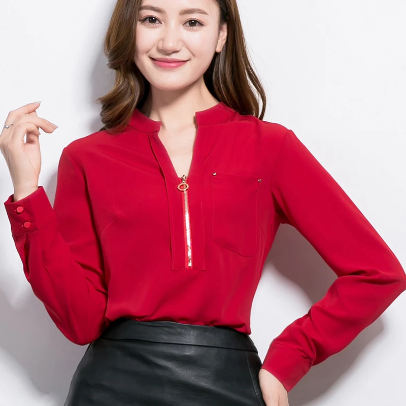 2017 Nuevo de Las Mujeres Básico Otoño Invierno Blusa blusas OL rojo Cremallera V cuello de la Manga Completa Top de la Camisa de Gran Tamaño|shirt large size|winter