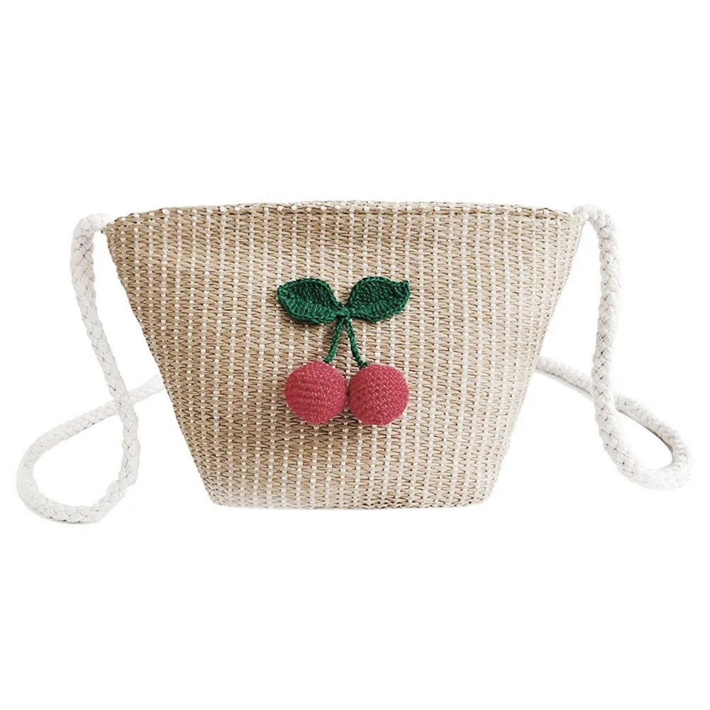 TFTP-Straw Woman Bag with Cherry Shoulder bags Beach Girls Small Messenger Rattan Bags Shoulder Wicker Bags