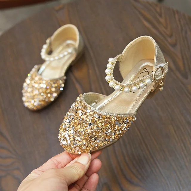 Детская обувь для девочек бантики с Горным хрусталём кожаная обувь для школьниц спортивные туфли Демисезонный Свадебная вечеринка платье обуви для девочек - Цвет: Золотой