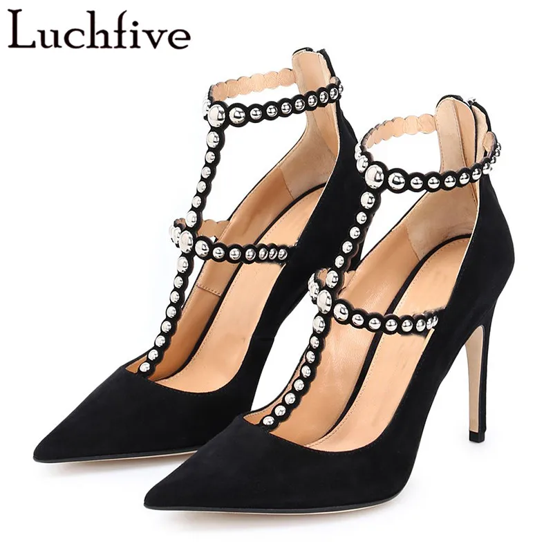 

Luchfive 2018 Spring New Style Riveting Lady Shoes Ankle T Strap Pointed Toe Shallow Mouth Thin High Heels Women Shoes Pumps