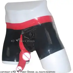 Черные с красным сексуальные латексные шорты-боксеры с пенисом оболочка молния спереди резиновое нижнее белье шорты для мальчиков низ DK-0030