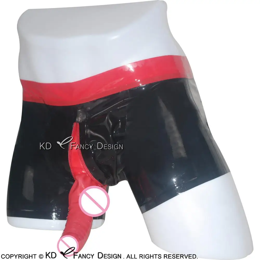 Black With Red Sexy Latex Boxer Shorts With Penis Sheath Zipper At Front Rubber Underwear Boy Shorts Bottoms DK-0030