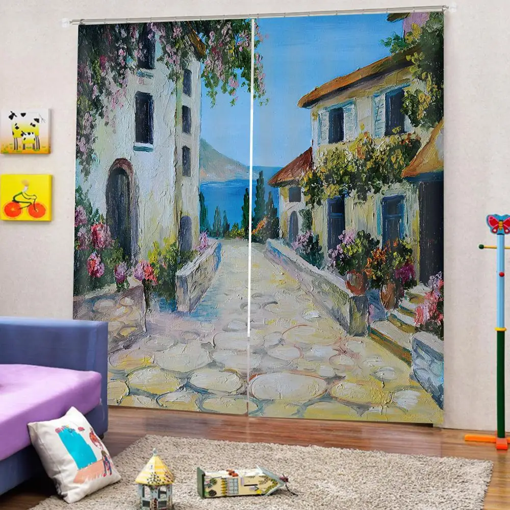 

customize height modern curtains for living room bedroom Oil painting building photo print curtains