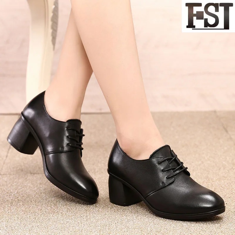 

FSJ Genuine Leather Ladies Shoes Woman Boots Round Toe Ankle Spring Autumn Lace Up Chunky Heels 2019 Mature BLack Red Brown