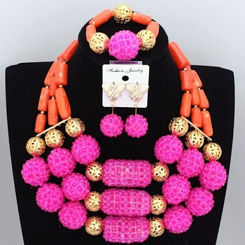 

Cute Pink Party Bridal Wedding Necklace Jewelry Set Natural Coral Gifts Africa Crystal Balls Jewelry Set Free Shipping LXF22