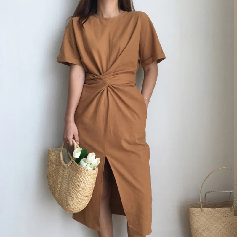 LANMREM летнее Новое однотонное свободное винтажное женское платье с круглым вырезом и натуральной талией, модное женское платье E4100 - Цвет: brown