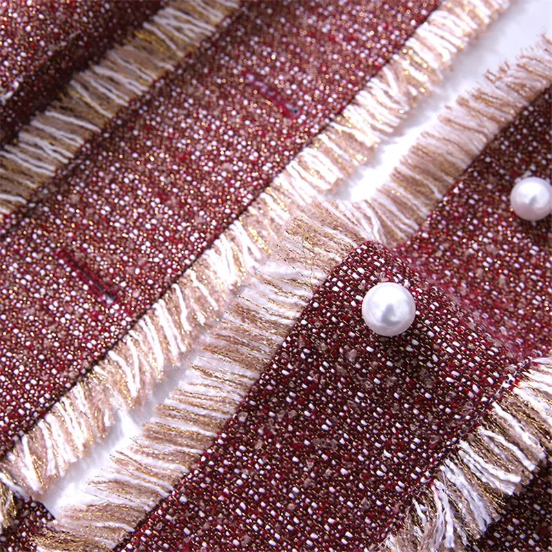 Tweed Perle Manteau Short Rouge Femmes Main Couleurs Mode Boutons De Blazer Contrast Costumes Luxe Gland Pour qq0wH68x