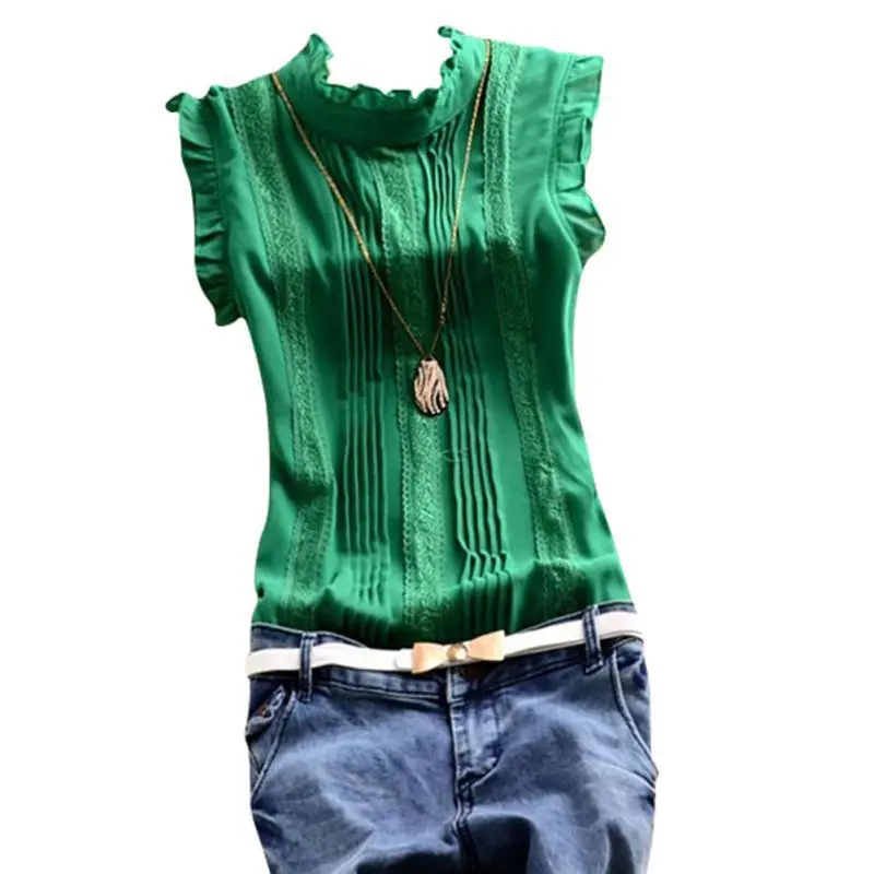 Летние модные Для женщин плиссированное платье без рукавов с круглым вырезом блузка тонкие облегающие рубашки Повседневное Офисные женские туфли блузки из Бургундии; топы - Цвет: Зеленый