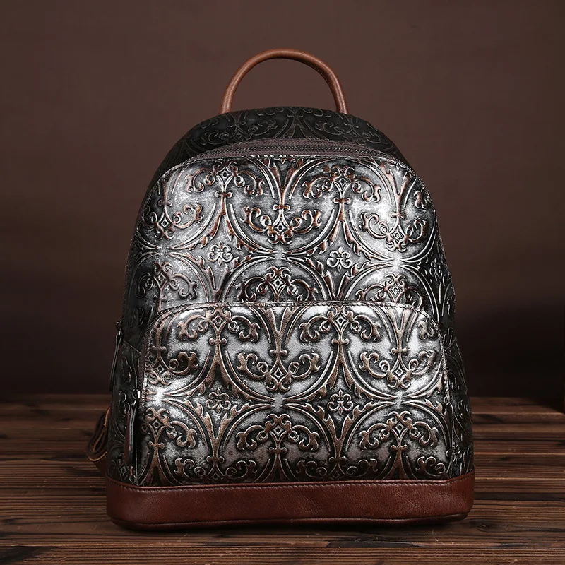 

High Quality Backpack Women Genuine Leather Rucksack Luxury Real Cowhide Embossed Leather Knapsack Student Book Bag Daypack
