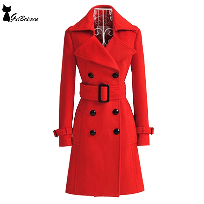 Red Winter Coat Women's Double Breasted Long Sleeve Classic Belted...