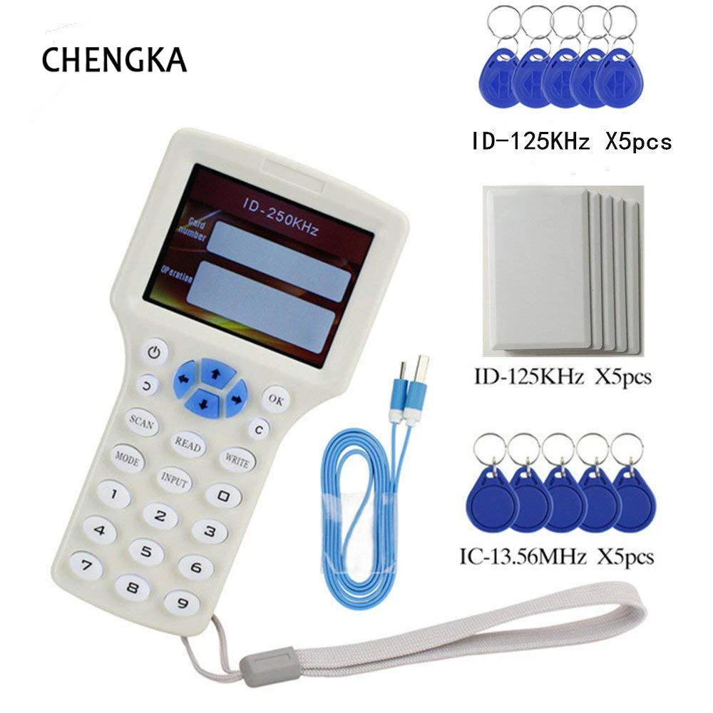 Rfid Cartão Nfc Escritor Leitor Copiadora Duplicadora Inglês 10 Freqüência Programador para ic Cartões de Identificação e Todos os Cartões de 125khz + 5pcs id 125k