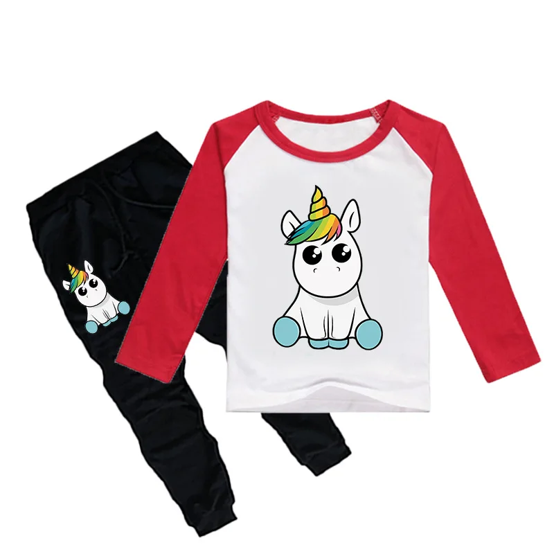 Детская демисезонная Одежда для мальчиков и девочек с изображением единорога, спортивный костюм для детей 2-12 лет, футболка+ штаны, пижамный комплект из 2 предметов